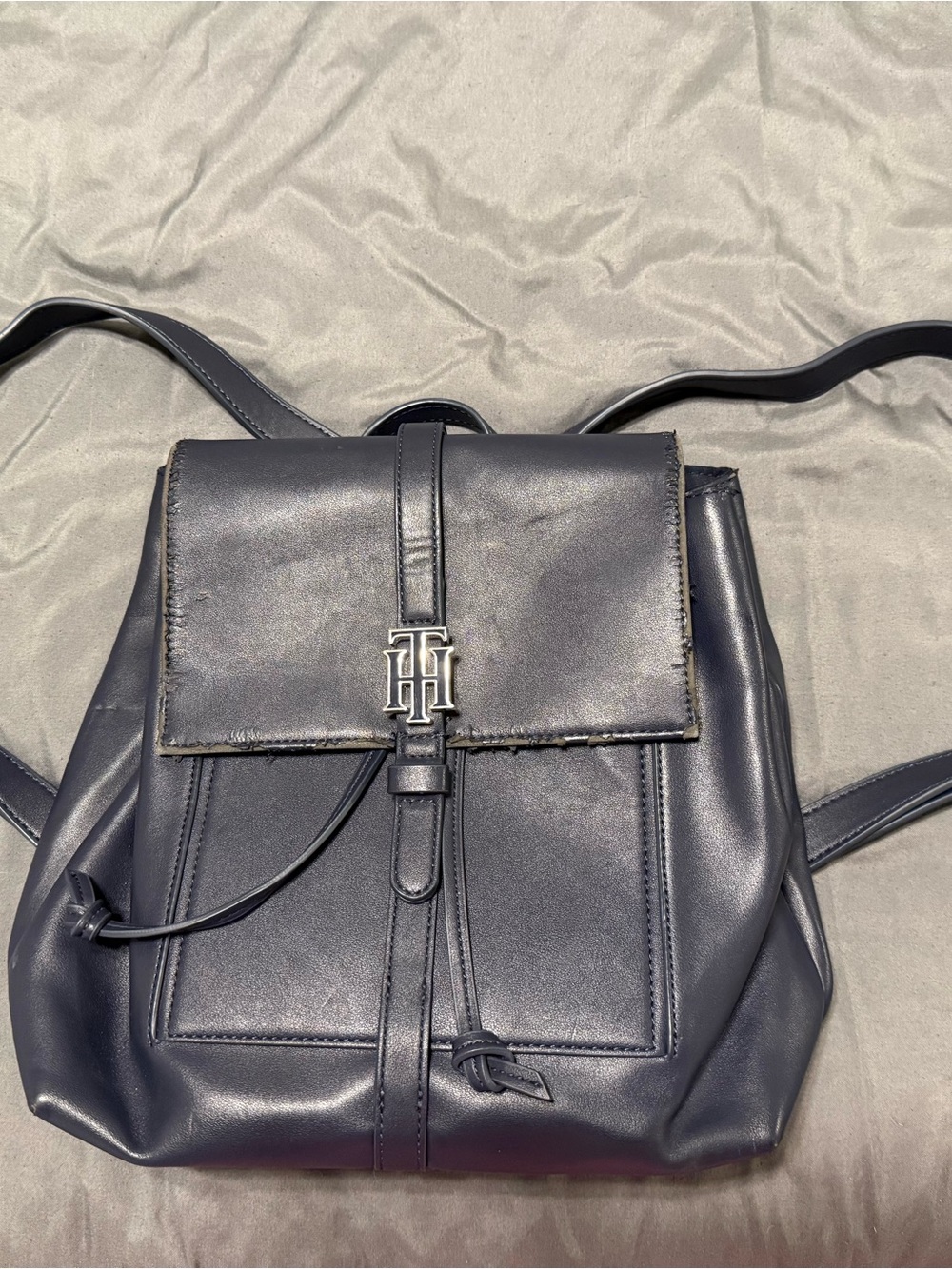 Tommy Hilfiger Navy Leather Mini Backpack with Silver Logo